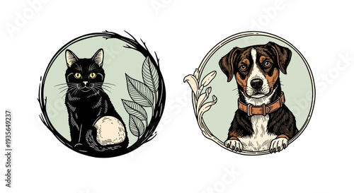 Cat and dog portraits in circular frames decorative botanical elements