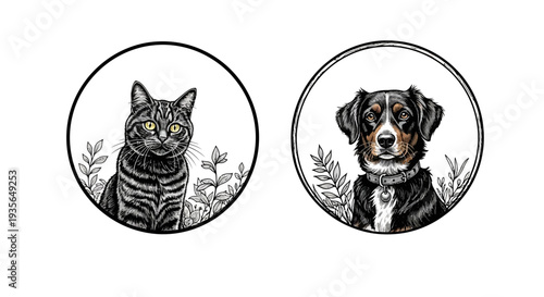 Artistic portraits of cat and dog animals inside round frames with foliage elements