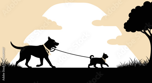 Dog and cat walking silhouette against sunset sky illustration