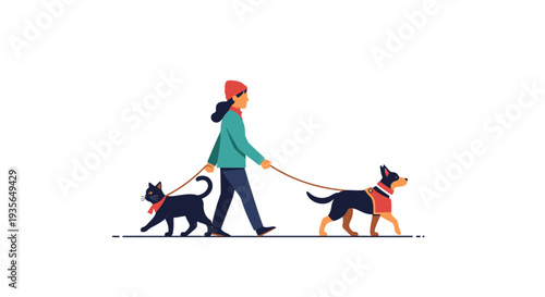 Woman walking cat and dog on leash vector illustration isolated