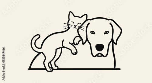 Dog and cat embrace minimalist outline in black and white illustration