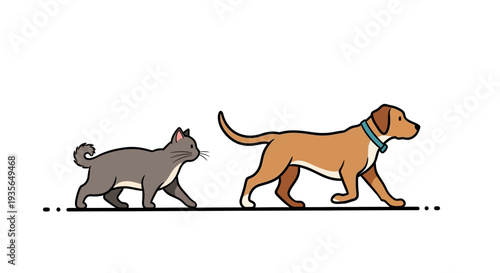 Cartoon illustration of a dog and a cat walking together on a white background
