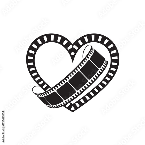 Cinema film strip in heart shape icon. love for film production, film making, cinematography, and entertainment. black silhouette vector illustration