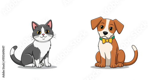 Cartoon cat and dog sitting side by side on a white background