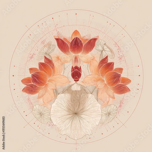 Floral mandala with red/orange lotus blossoms & leaves, geometrical lines, soft colors