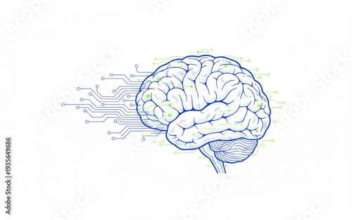 A detailed illustration of a human brain connected to circuits from a technical viewpoint