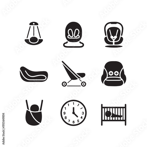 Collection of baby care and child safety icons including car seat baby carrier crib swing and clock symbolizing newborn and infant product safety and parenting essentials