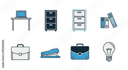 A Collection of Office and Business Icons Depicting Productivity, Ideas, and Workplace Essentials