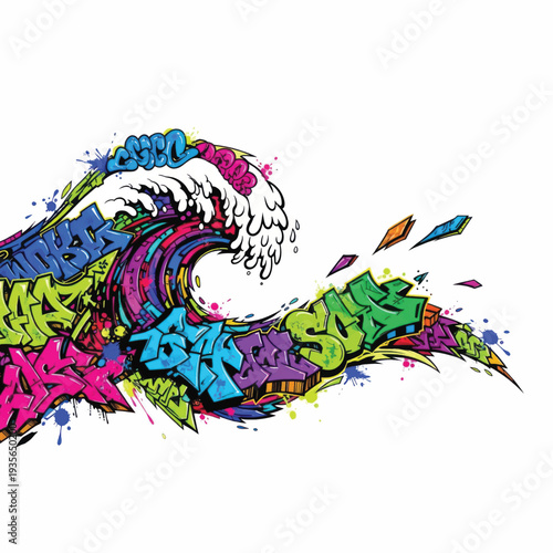 Colorful graffiti wave mural combining oceanic motion with bold street art lettering.