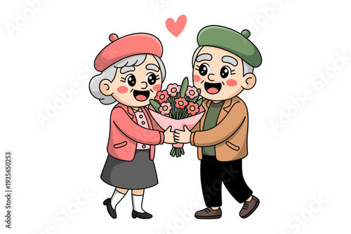 A loving elderly couple exchanging flowers in a romantic illustration