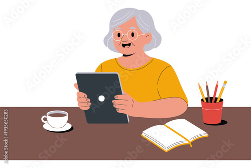 Tablet computer illustration of an elderly woman with a cup of coffee