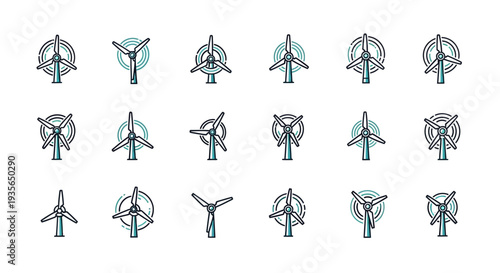 A grid of stylized wind turbines icons on a white background for eco-friendly power