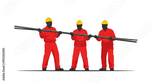 Three Workers Carrying Long Pipe.