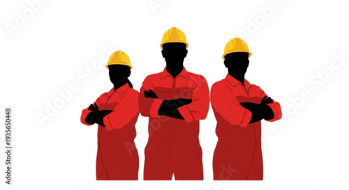 Three construction workers standing with arms crossed wearing hard hats.