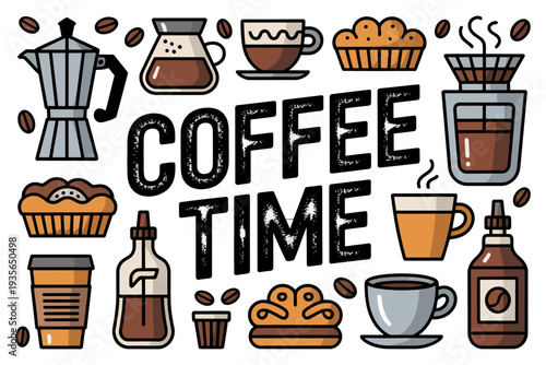 Coffee time with a collection of coffee cups and pastries illustration