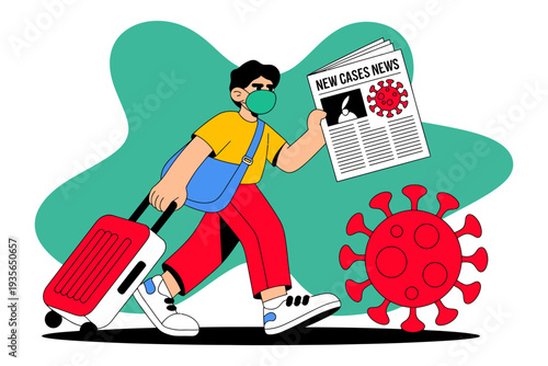 A cartoon man wearing a face mask travels with luggage during a pandemic