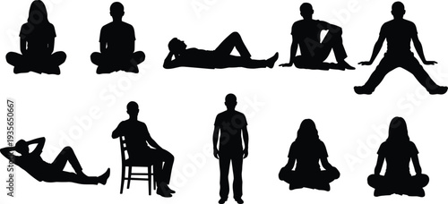 Black silhouette collection of people sitting, lying down, and standing in various relaxed poses isolated on white background for vector design