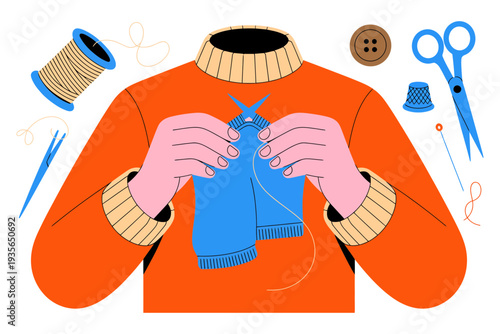 Sweater illustration with hands knitting a blue scarf
