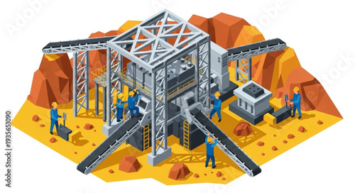 Isometric illustration of mining operation with workers and machinery.