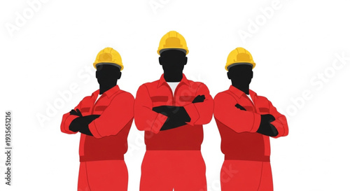 Three Workers in Red Uniforms.
