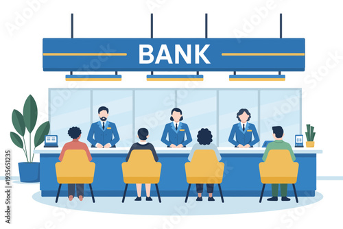 Bank employees and customers at a modern bank counter illustration