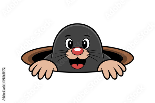 A mole cartoon character peeking out of a hole with a happy face