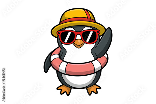 A cartoon penguin wearing sunglasses and a life preserver in a fun illustration