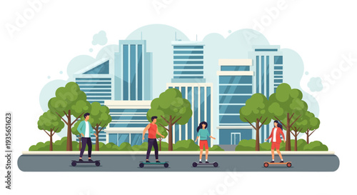 People skateboarding in a modern city park with skyscrapers and trees