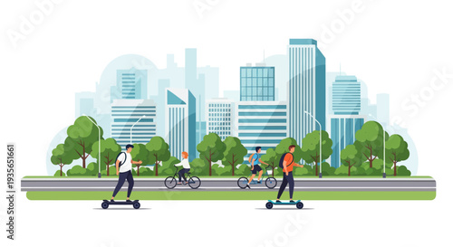 Urban Eco-Friendly Transportation: People on E-Scooters and Bikes in a Green City