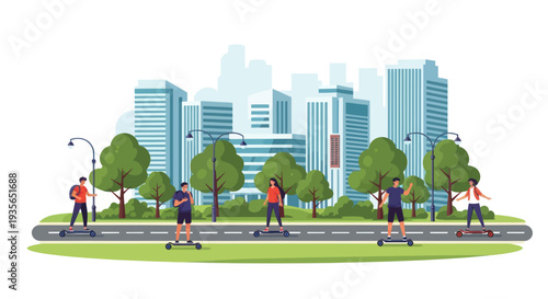 People riding electric scooters and skateboards in a city park with modern buildings.