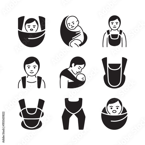 Diverse collection of baby carriers and slings symbolizing safe and close bonding between parents and infants for comfortable carrying and mobility options