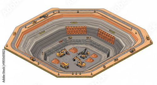 3D rendering of a construction site within a large stadium with heavy machinery and materials.