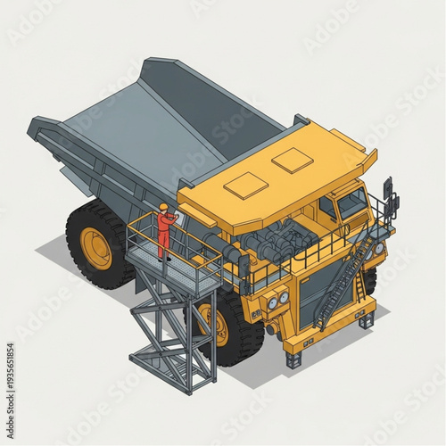 Large yellow mining dump truck with worker on ladder.