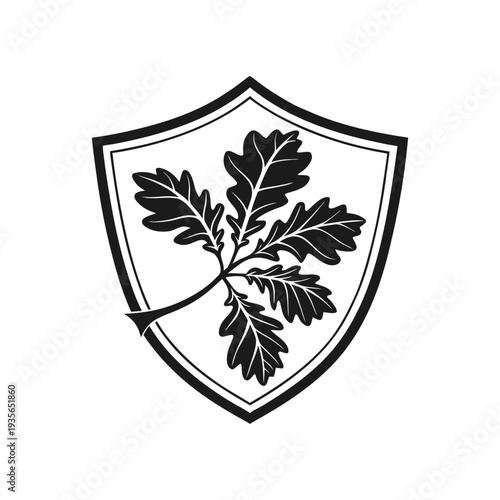 Black and White Shield Emblem with Oak Leaf Design � Classic Botanical Crest in Elegant Line Art