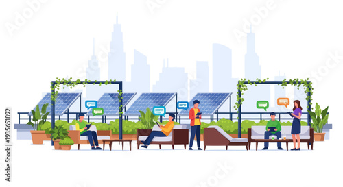 Rooftop garden with solar panels and people using devices, eco-friendly city living