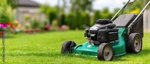 Wallpaper Mural Close-up view of a lawn mower cutting grass in a garden on a sunny day with a blurred background filled with colorful flowers and plants Torontodigital.ca