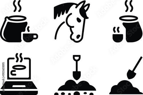 Icon set featuring horse head, hot drink coffee pot, steaming cup, laptop work, gardening shovel and soil symbols isolated on white background