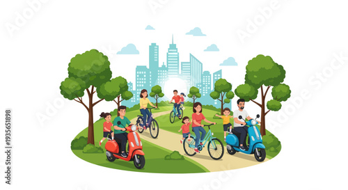Family cycling and scootering in a green city park with modern skyline