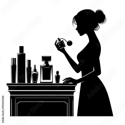 Woman applying perfume near beauty products on vanity