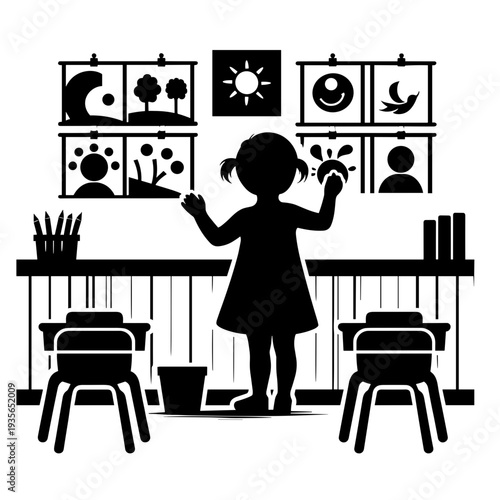 Child painting on classroom wall with art supplies