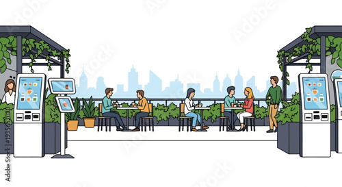 People enjoying rooftop cafe with digital kiosks and city skyline