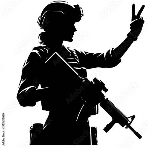 Silhouette soldier making peace sign holding rifle
