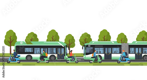 Green electric buses and scooters in urban traffic, eco-friendly commute.