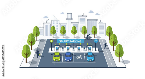 Smart City Parking: Electric Cars Charging in Modern Urban Environment with Buildings and Trees
