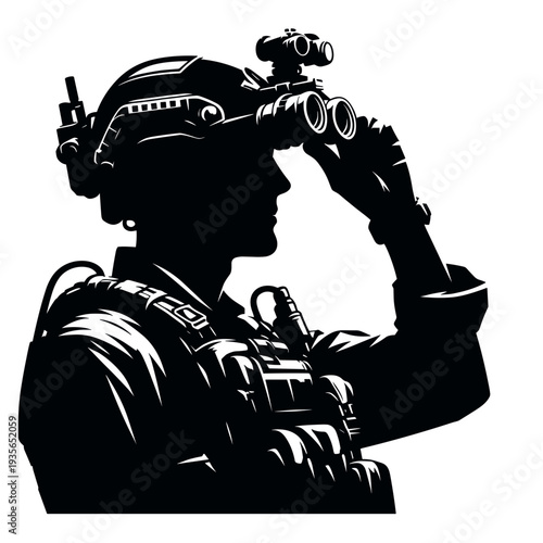 Soldier using binoculars observing with tactical gear