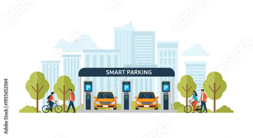 Smart parking lot with electric cars and people cycling in modern city