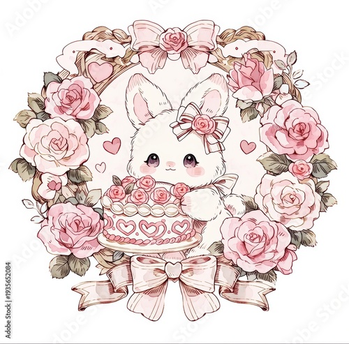 An Easter illustration featuring a wreath surrounding a rabbit.