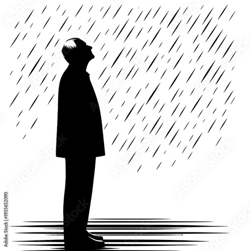 Silhouette of person standing in rain against raindrops background