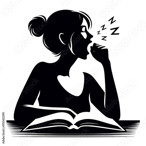 A person yawning while reading an open book on a desk