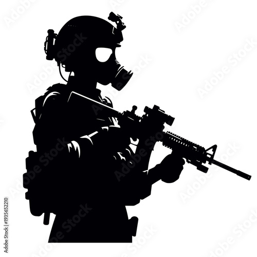 Soldier in gas mask aiming rifle